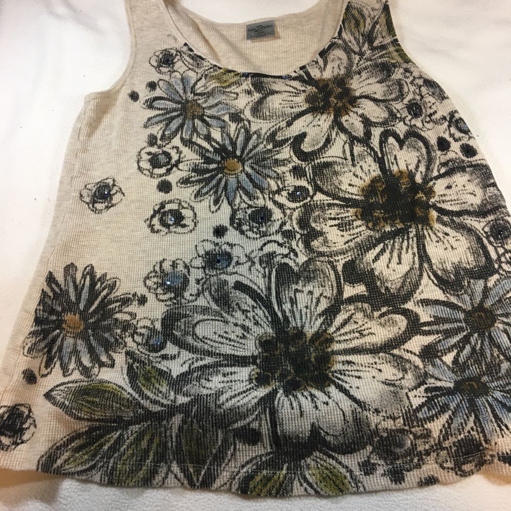 Bold floral print on Henley fabric w/ bling detail